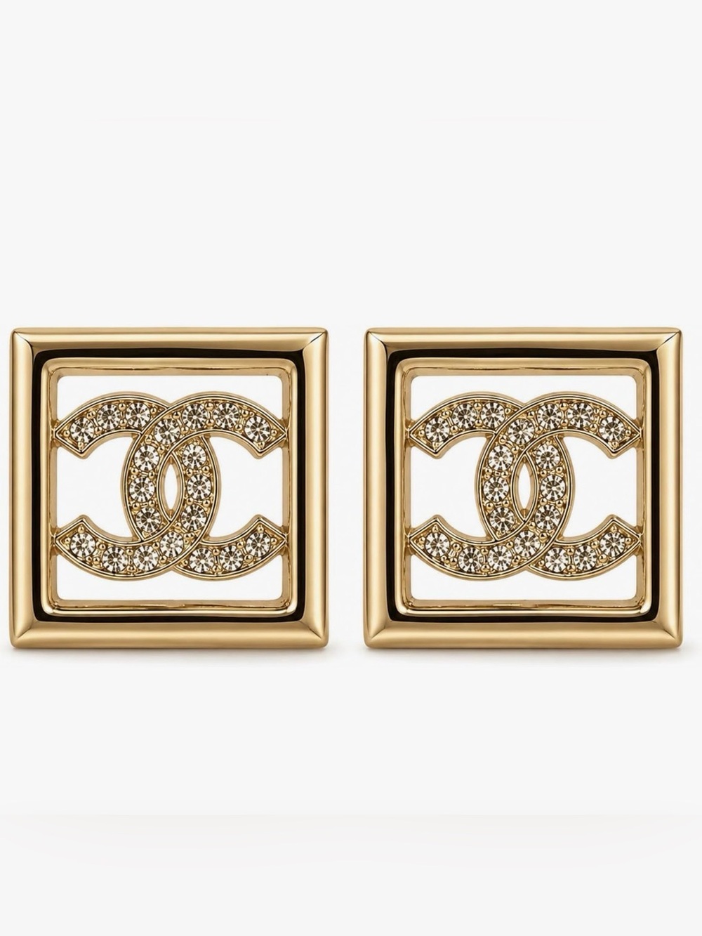 Gold CC Square-Frame Logo Crystal Stud Earrings